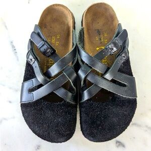 Beautiful Papillio Birkenstock Black Suede 
Slip On Strappy Clogs